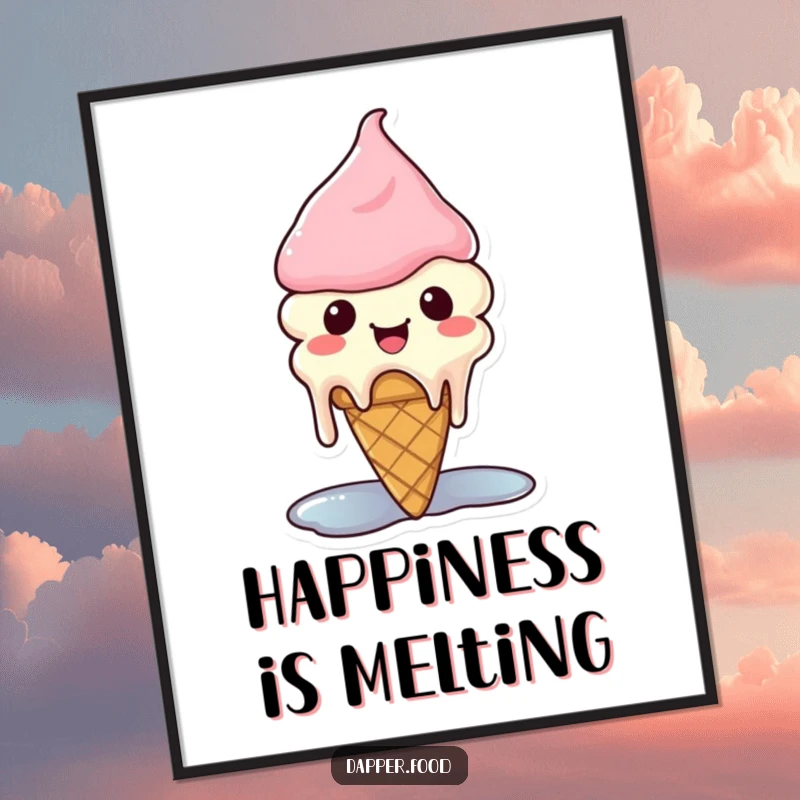 Funny Kawaii ice cream poster showing a cute cone character melting slightly from happiness.
