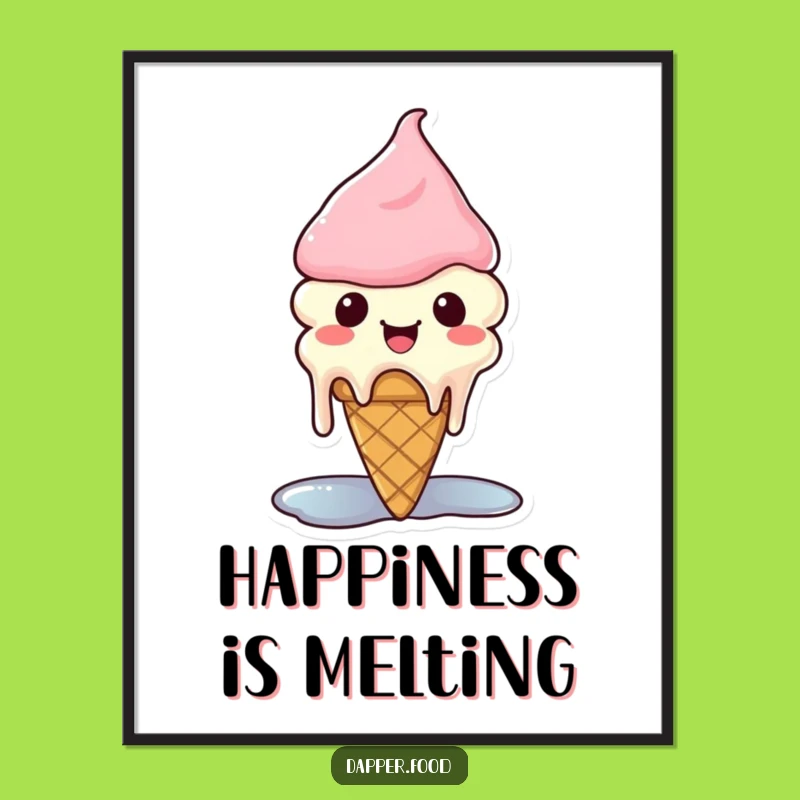 Sweet Funny Kawaii Ice Cream Poster: Happy Melting Cone Art