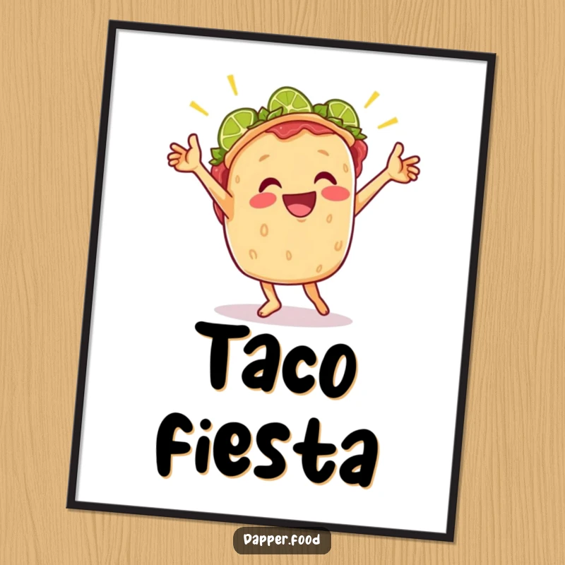 Funny poster depicting a cheerful taco in an energetic victory dance with lime wedges, radiating fiesta spirit and joy.