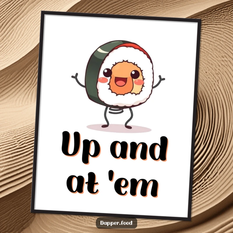 Funny poster of a smiling sushi roll happily bouncing on tiny spring legs, bringing cheerful and whimsical energy to wall art.