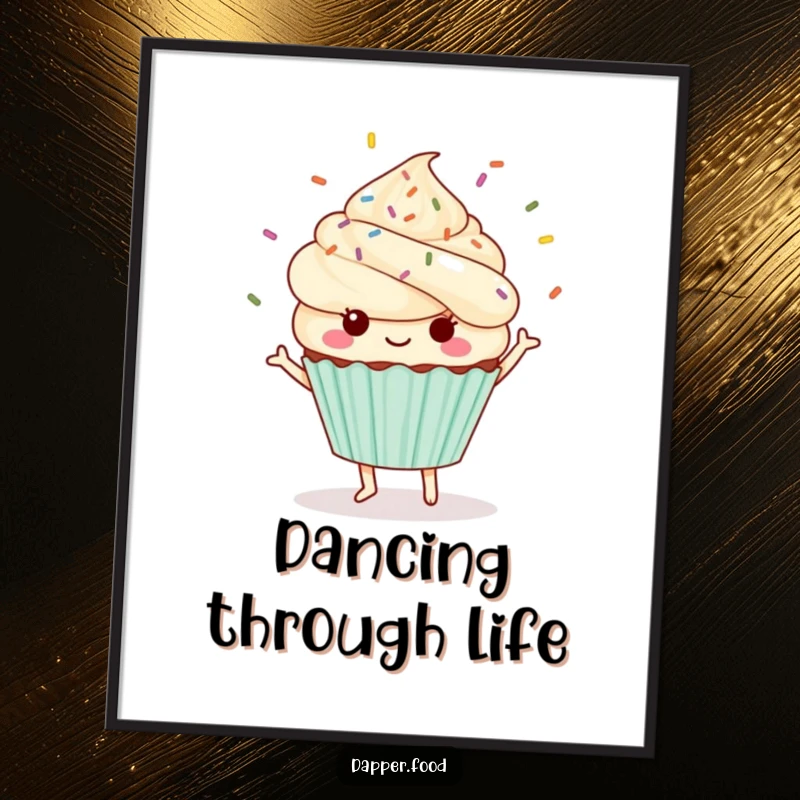Funny Kawaii cupcake poster showing a cute character dancing with sprinkles flying dynamically.