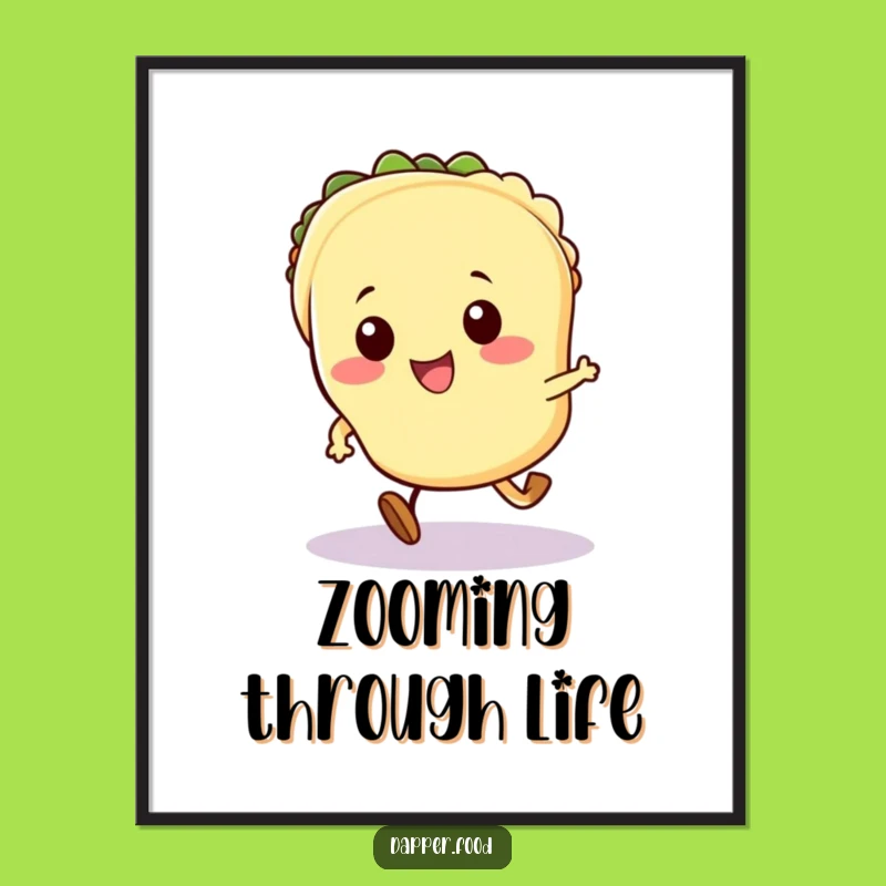 Vibrant Funny Kawaii Taco Poster: Energetic Running Taco Art for Walls