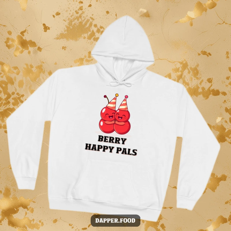 Funny cherries hoodie, cute pair of fruit characters in party hats hugging, cozy and cheerful, ideal funny gift.