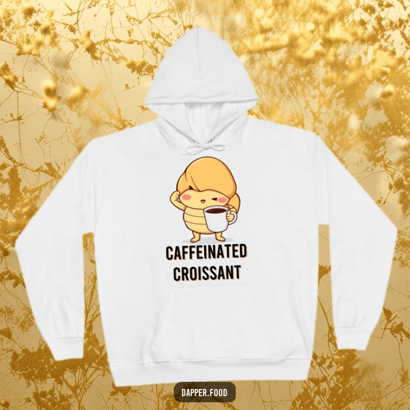 Funny hoodie depicting a confident croissant in a bold pose with a tiny coffee cup, offering cozy comfort and morning drama.