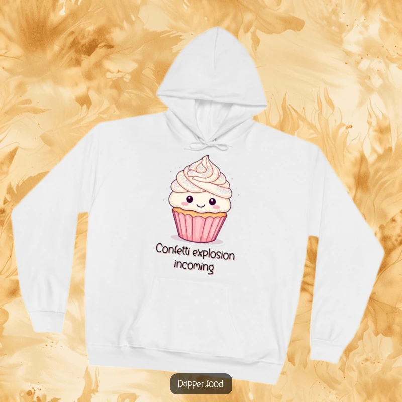 Funny cupcake hoodie featuring a happy character with frosting hair in a confetti shower, conveying warmth and playful celebration.