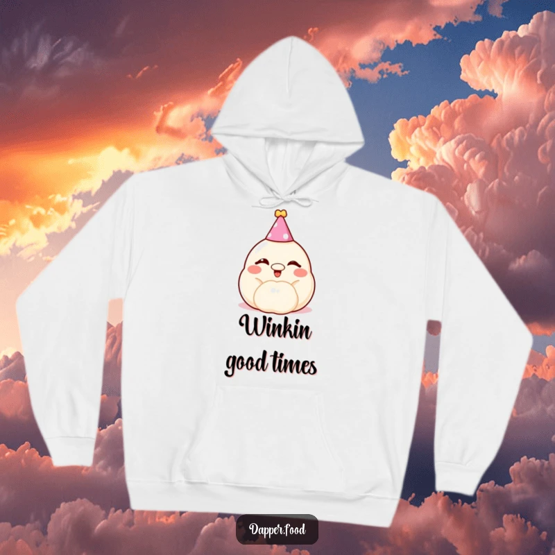 Funny dumpling hoodie, a cheerful, winking bun wearing a party hat, bringing cozy celebration vibes.