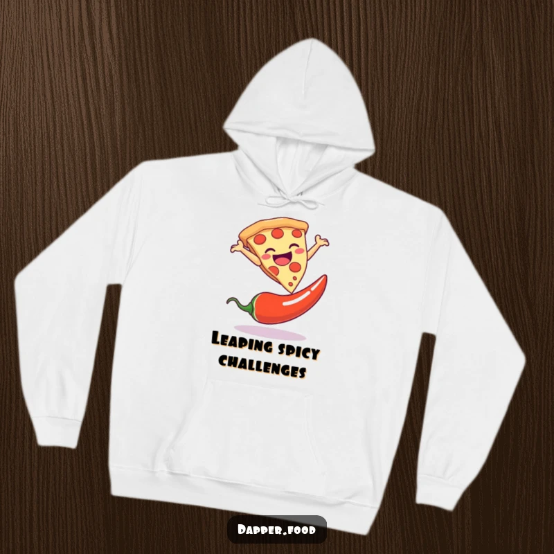 Funny hoodie showcasing a pizza slice dramatically leaping over a chili pepper, offering warmth and a good chuckle.