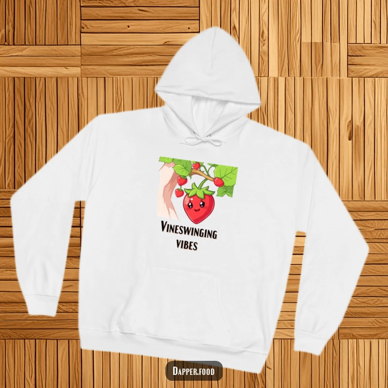 Funny strawberry hoodie with a smiling character swinging from a vine, offering cozy comfort and sweet, joyful vibes.