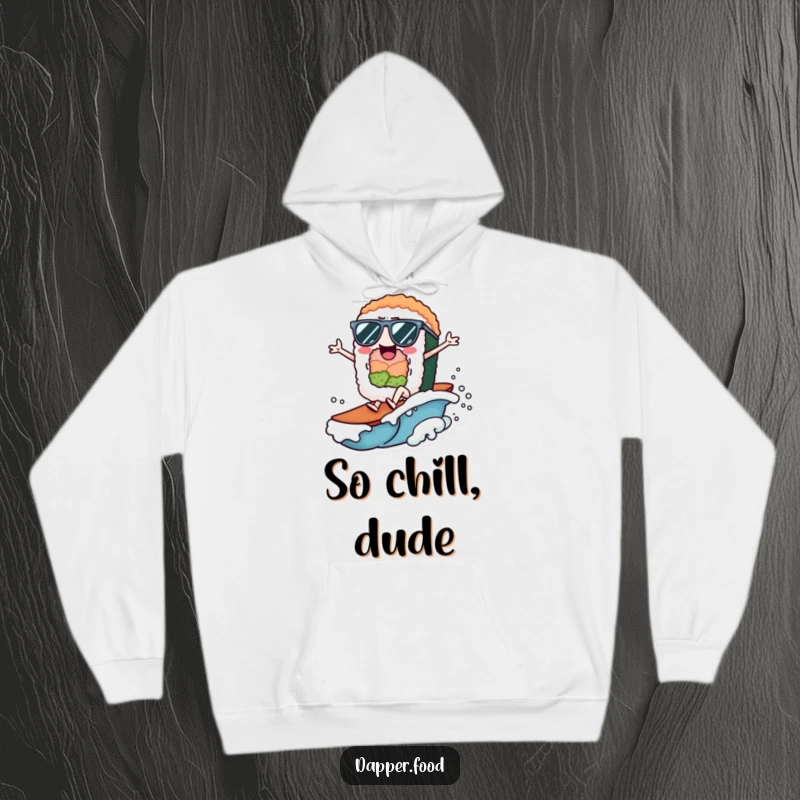 Funny Hoodie with a cheerful sushi roll character in sunglasses, riding a small wave with great enthusiasm.