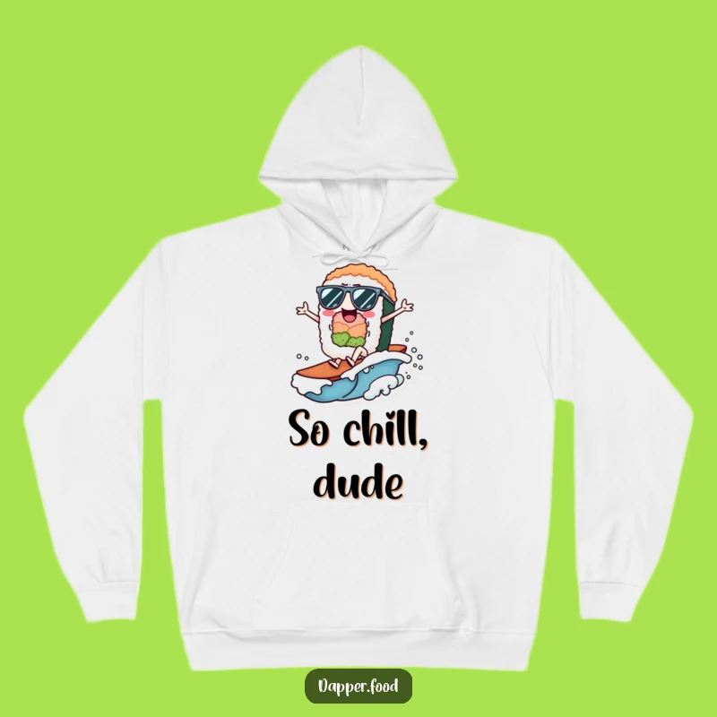 Cozy Funny Sushi Surfer Hoodie: Warm & Humorous Beach Vibes