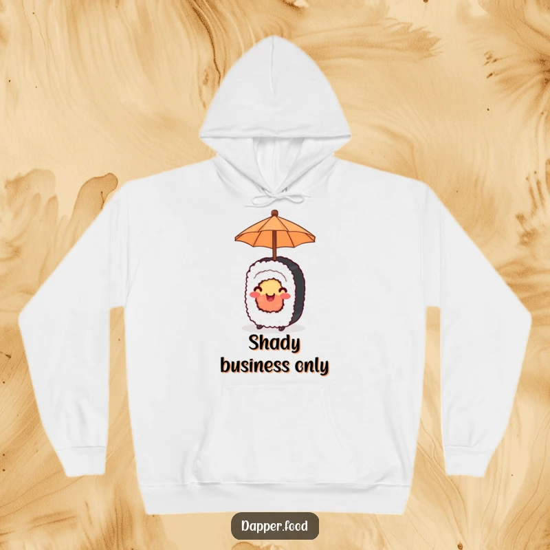 Funny Hoodie featuring a happy sushi roll holding a tiny umbrella, offering cozy cheer and playful protection.