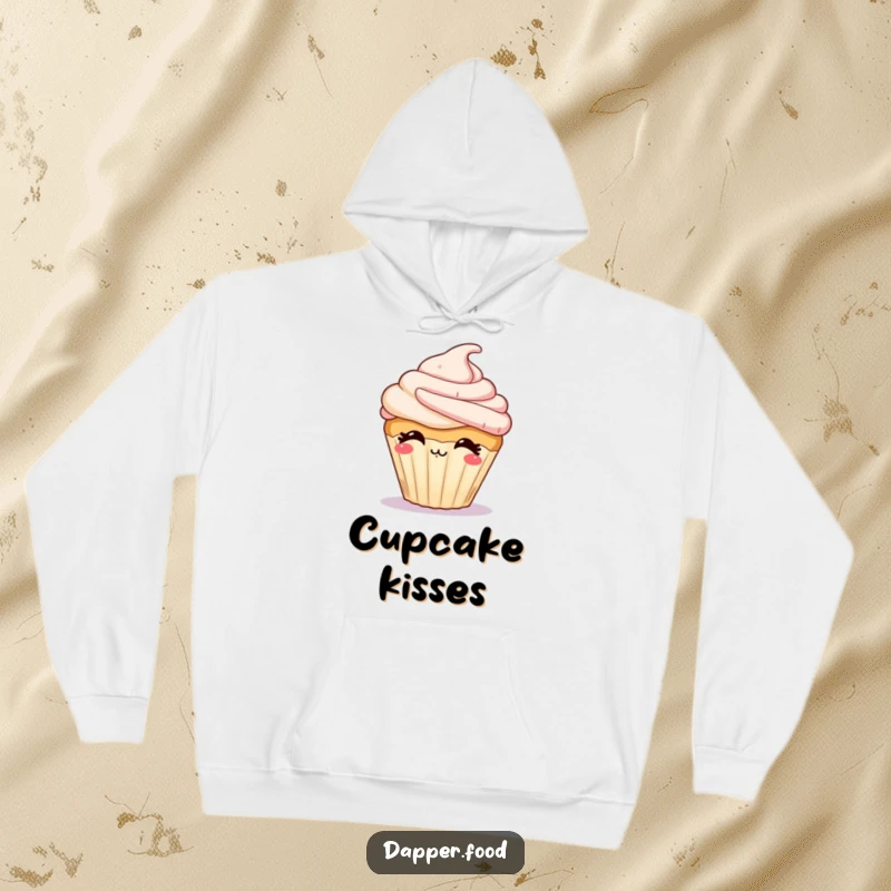 Funny hoodie featuring a giggling cupcake character with frosting blowing a kiss, embodying sweet affection.