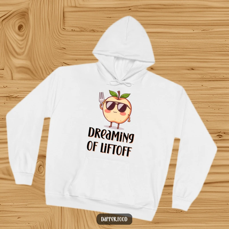 Funny hoodie with a blushing apple character with legs and wings, comically trying to fly with a ribbon, for ultimate cozy fun.