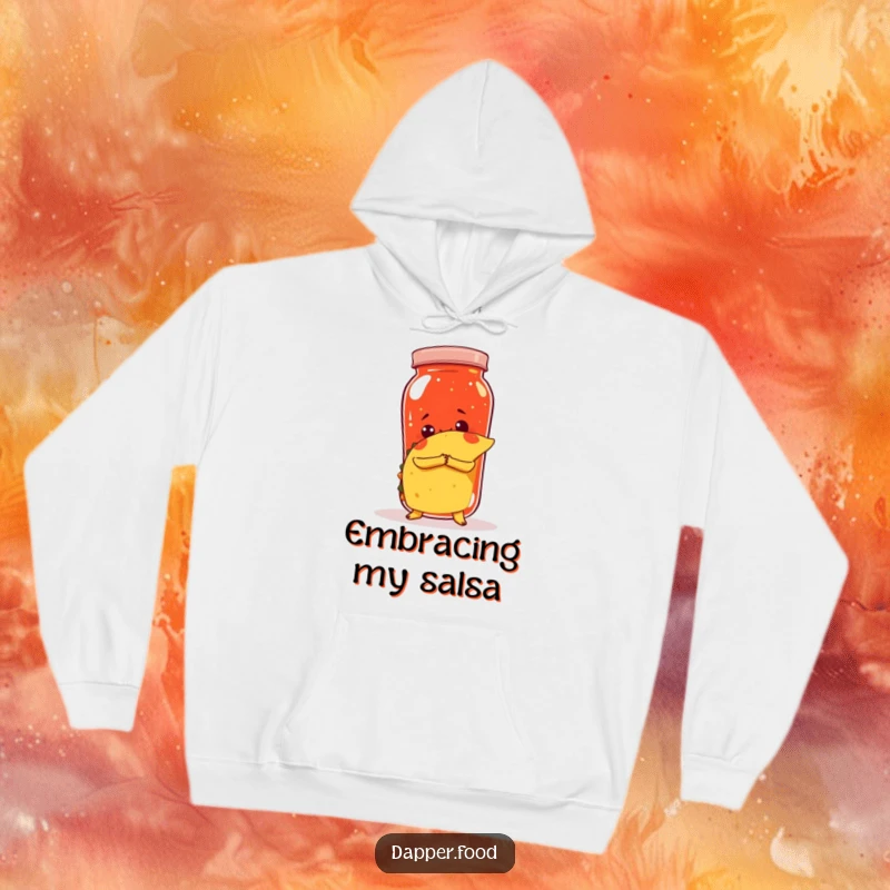 Funny hoodie depicting a taco attempting to hug a large salsa jar, providing warmth and a delightful sense of humor.