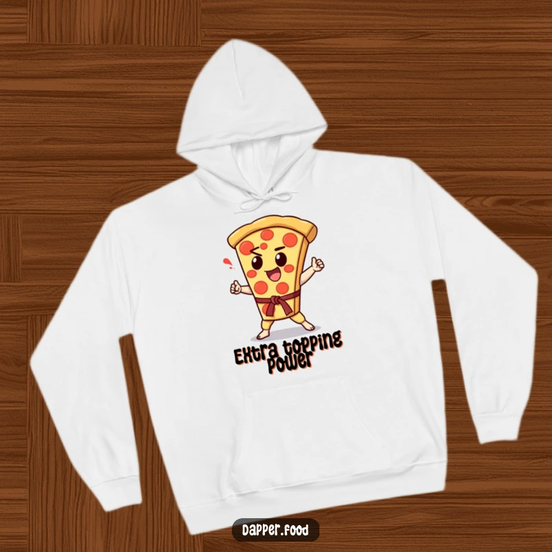 Funny Kawaii pizza slice character doing a karate chop, printed on a soft hoodie, ideal for cozy action.
