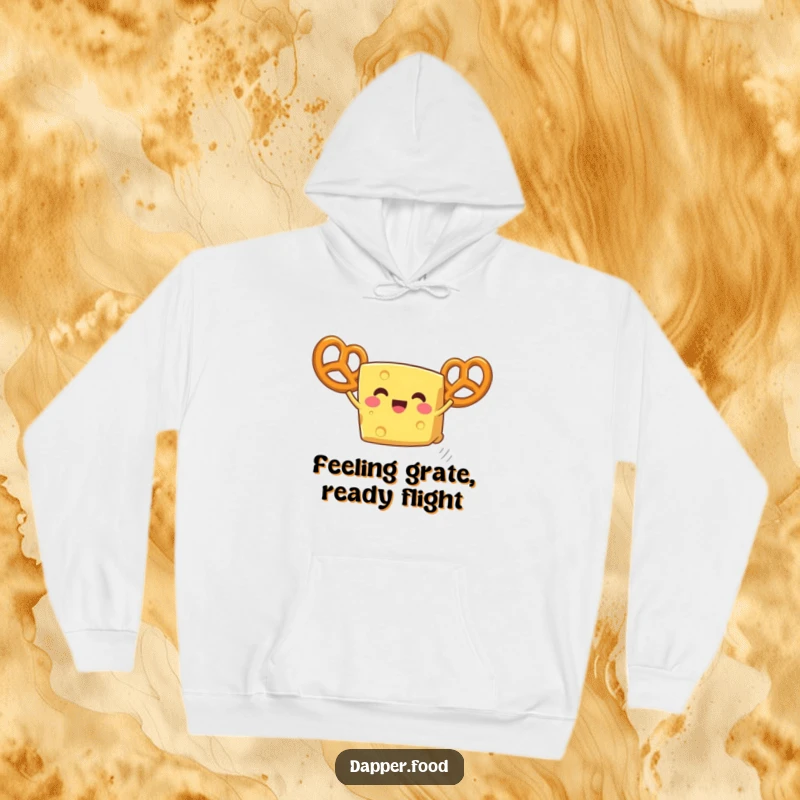 Funny cheese hoodie, a delighted wedge using pretzel wings for flight, showcasing epic culinary ambition.