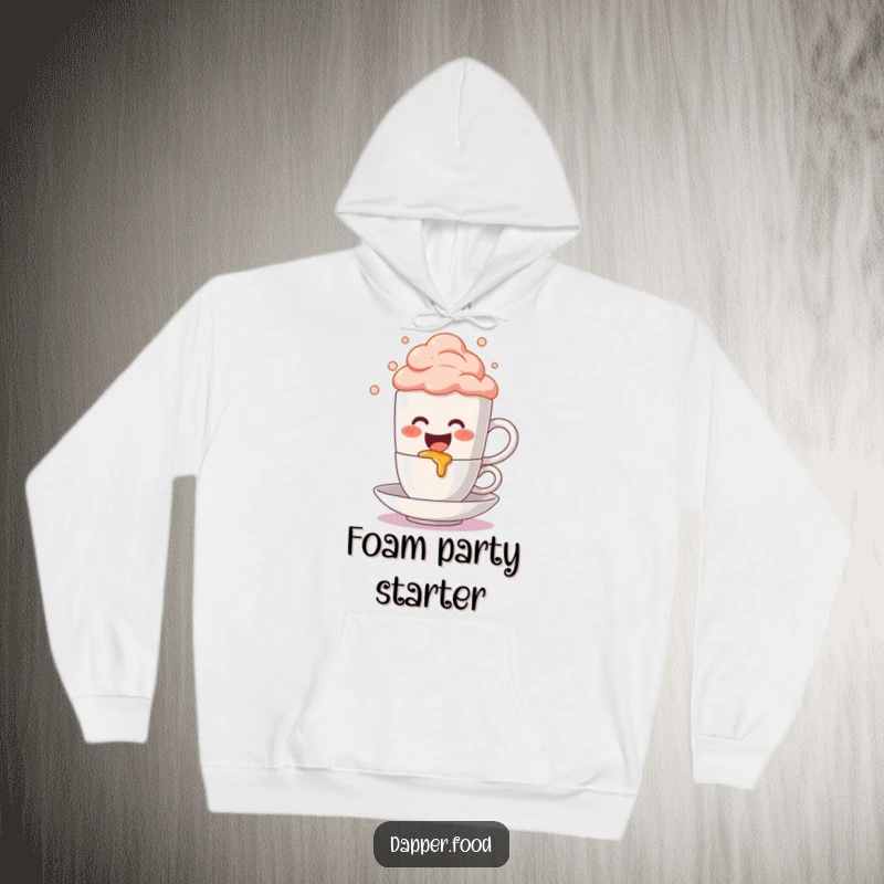 Funny Hoodie: A cute anthropomorphic coffee mug character gleefully spills colorful foam, creating a humorous and cozy apparel item.
