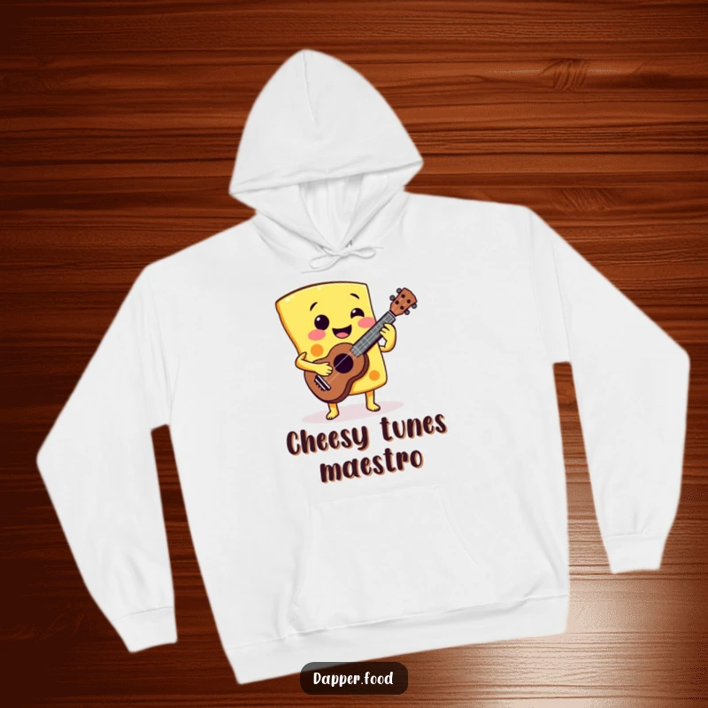 Funny Cheese Ukulele Hoodie: A smiling cheese slice playing a miniature ukulele, perfect for cozy humor and a funny gift.