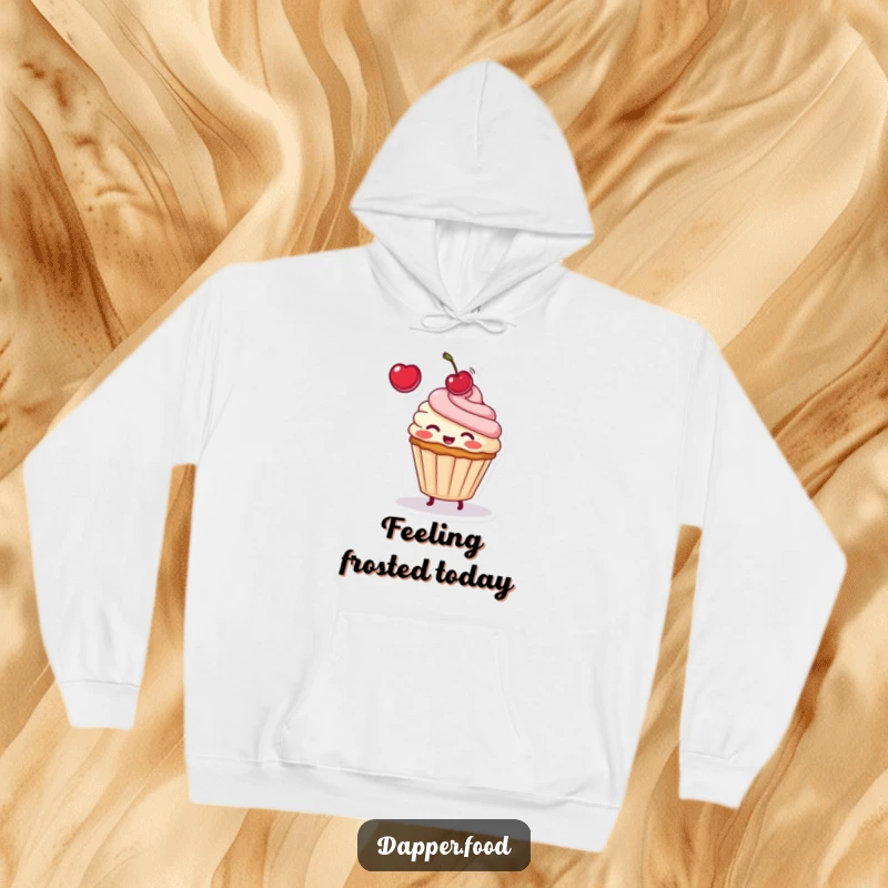 Funny hoodie design of a blushing cupcake with frosting and sprinkles, playfully tossing a cherry, radiating happiness.