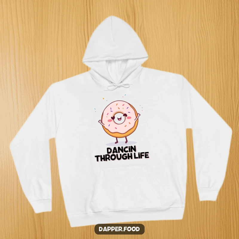 Funny Donut Dance Hoodie: A happy donut character dancing with sprinkles falling, perfect for cozy humor and a funny gift.