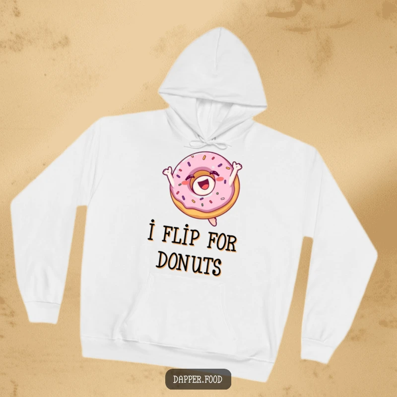 Funny hoodie showcasing a delighted donut character with sprinkles mid-flip, embodying playful energy and sweetness.