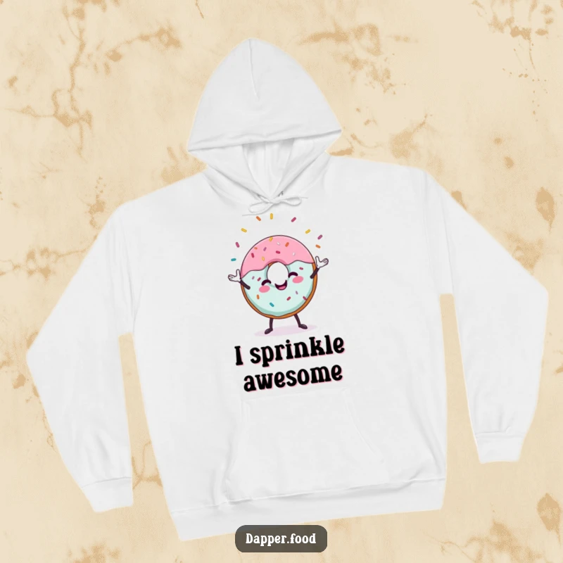 Funny donut hoodie featuring a cheerful donut character juggling sprinkles, a warm and amusing design.