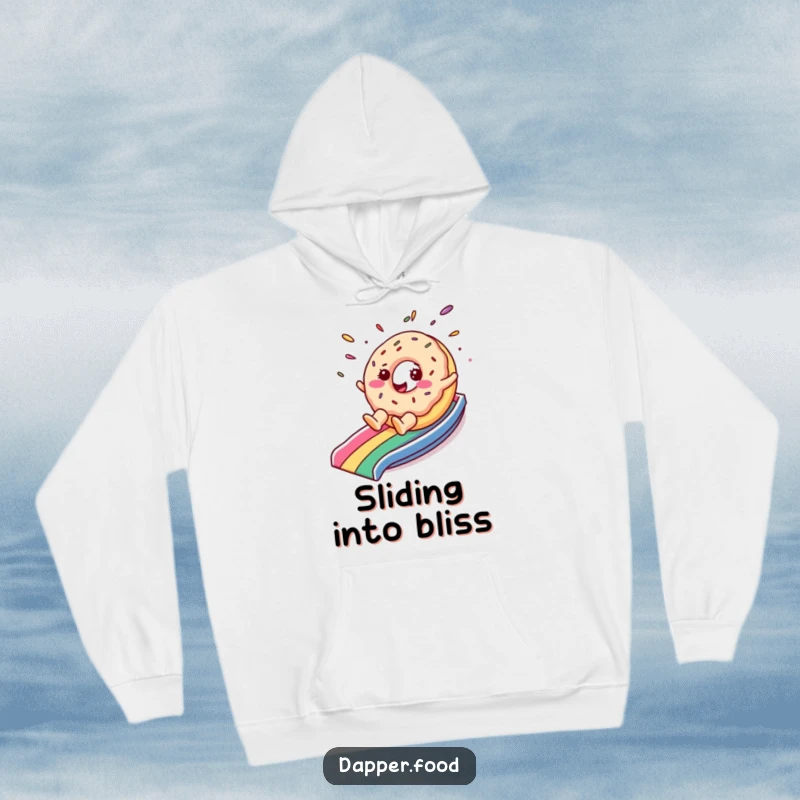 Funny hoodie featuring a cheerful donut character with sprinkles flying as it slides down a rainbow, perfect for cozy, happy wear.
