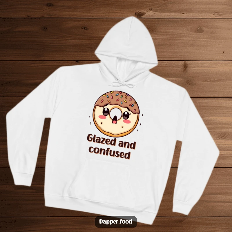 Funny hoodie design of a doughnut character looking astonished as a colorful shower of sprinkles descends upon it.