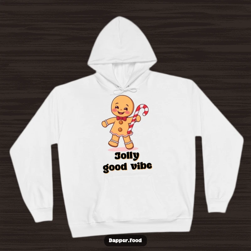 Funny Gingerbread Man Hoodie, smiling and jigging with a candy cane, offering warm and humorous holiday comfort.