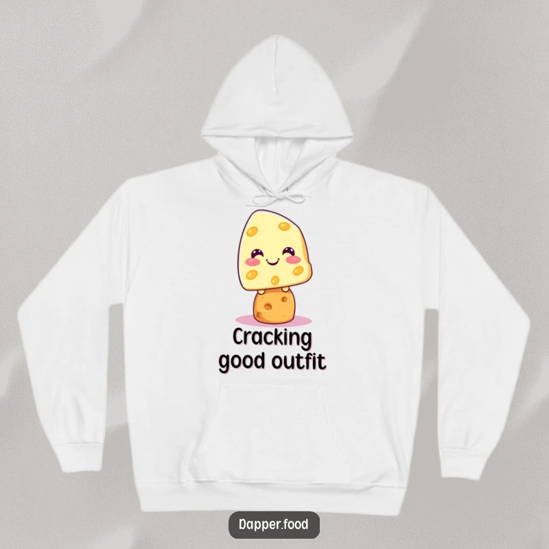 Funny Kawaii cheese character grinning on a cracker, printed on a soft hoodie, ideal for cozy humor.