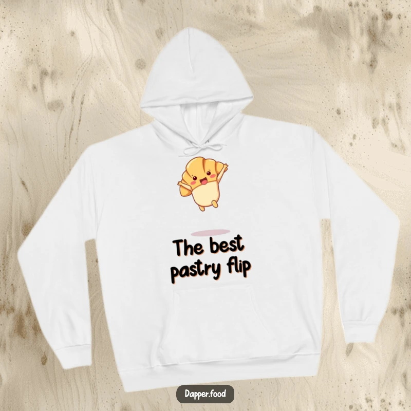 Funny Kawaii croissant character doing a cartwheel in mid-air, printed on a soft hoodie, ideal for cozy fun.