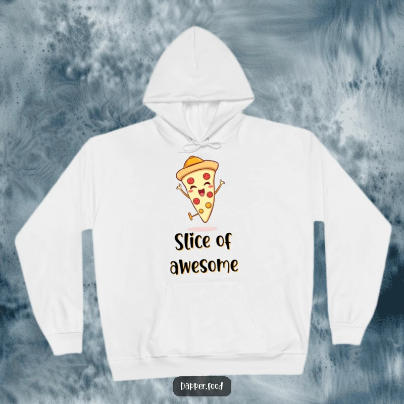 Funny hoodie showcasing a winking pizza slice character with a jaunty hat giving a thumbs up, full of cheesy charm.