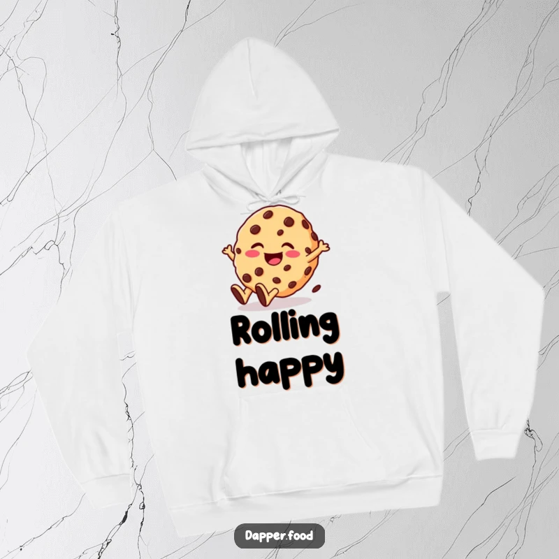Funny hoodie featuring a giggling cookie character with chocolate chips rolling downhill with glee. Cozy, sweet humor.