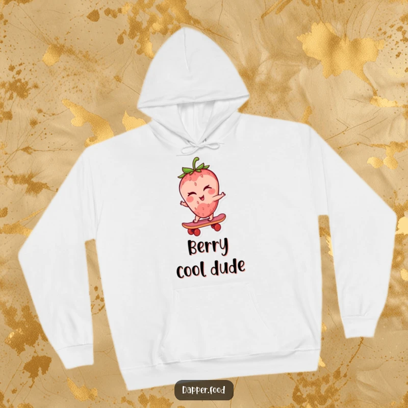 Funny strawberry hoodie featuring a winking strawberry character shredding on a tiny skateboard, a warm and cool design.