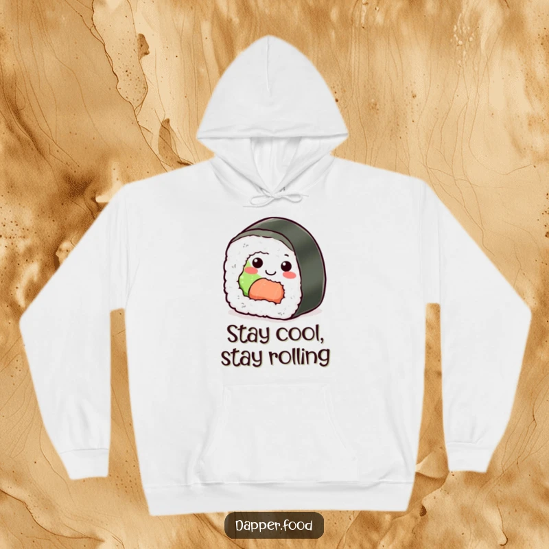 Funny Sushi Roll Hoodie: A smiling sushi character rolling along, providing cozy warmth and humorous appeal.