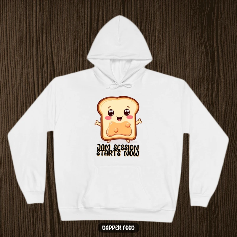 Funny Hoodie: A delighted piece of toast with ecstatic eyes jumps with all its might towards a jelly jar, a breakfast quest.