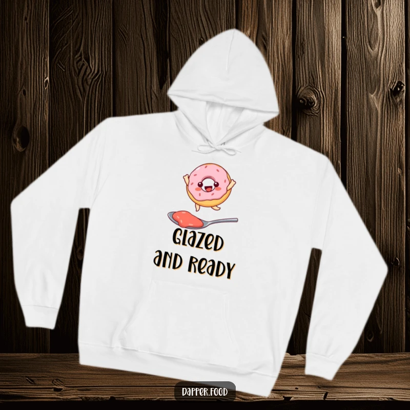 Funny Kawaii donut character joyfully leaping over a spoonful of jam, a cozy and humorous hoodie for dessert enthusiasts.