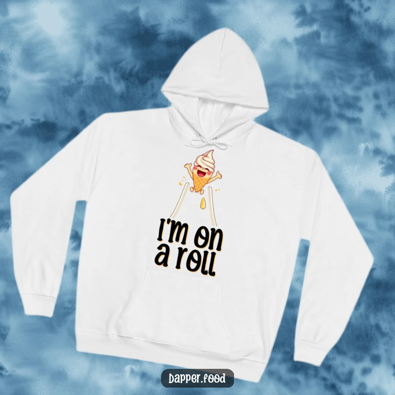 Funny Hoodie: A laughing ice cream cone with arms excitedly slides down a syrup slide, a depiction of pure sweet joy.