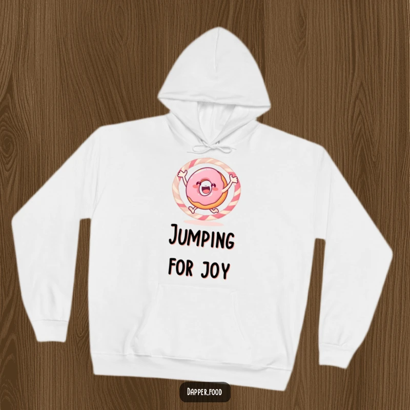 Funny donut hoodie, a gleeful pastry jumping through a candy hoop, embodying pure, sweet excitement.