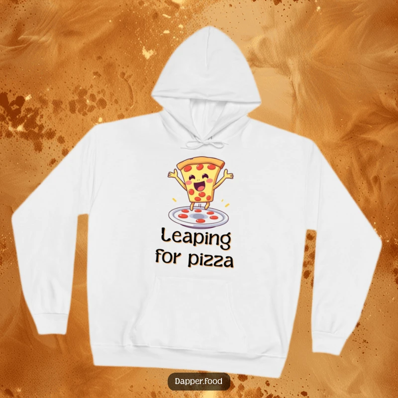 Funny pizza hoodie featuring a delighted slice of pizza leaping dramatically from a plate, a warm and amusing design.
