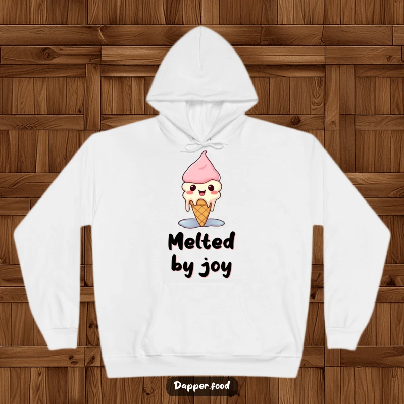 Funny Kawaii ice cream hoodie featuring a cute cone character melting from happiness.
