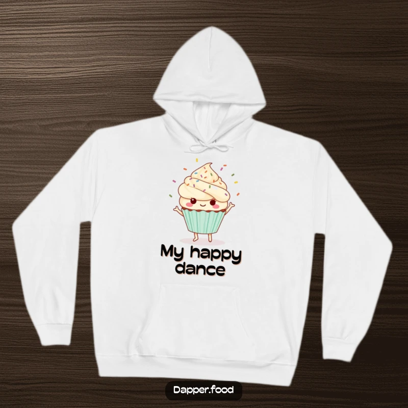 Funny Kawaii cupcake hoodie featuring a cute character dancing with sprinkles flying joyfully.