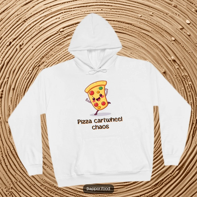 Funny hoodie featuring a happy pizza character doing a cartwheel with wobbling toppings, perfect for cozy, humorous wear.