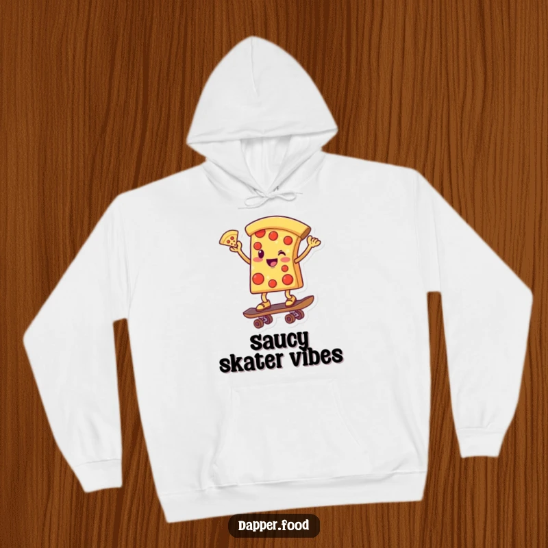 Funny hoodie graphic of a smiling pizza slice character balancing on a skateboard, one slice pointed skyward, embodying pure joy.