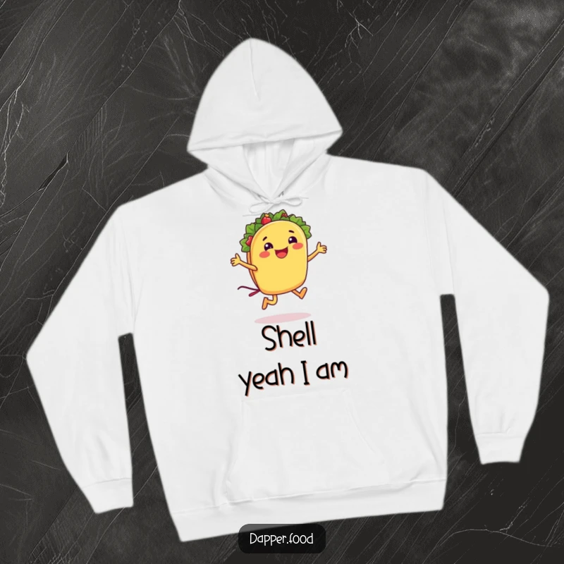 Funny taco hoodie showing a happy taco character jumping rope with its shell, radiating energetic and playful vibes.