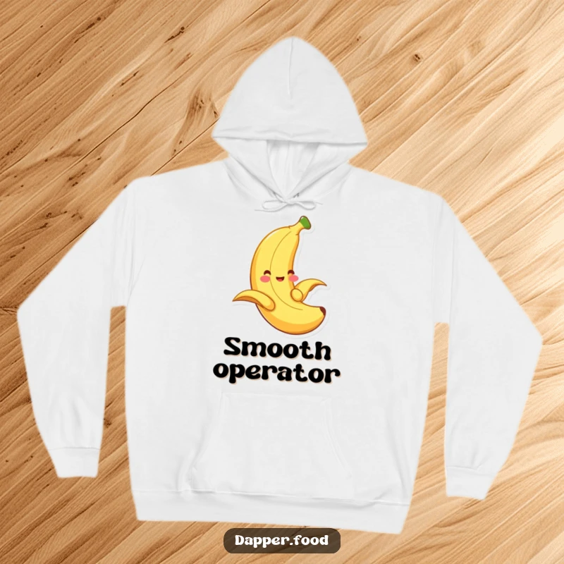Funny banana hoodie, a smiling fruit playfully sliding down its peel, embodying carefree fun.
