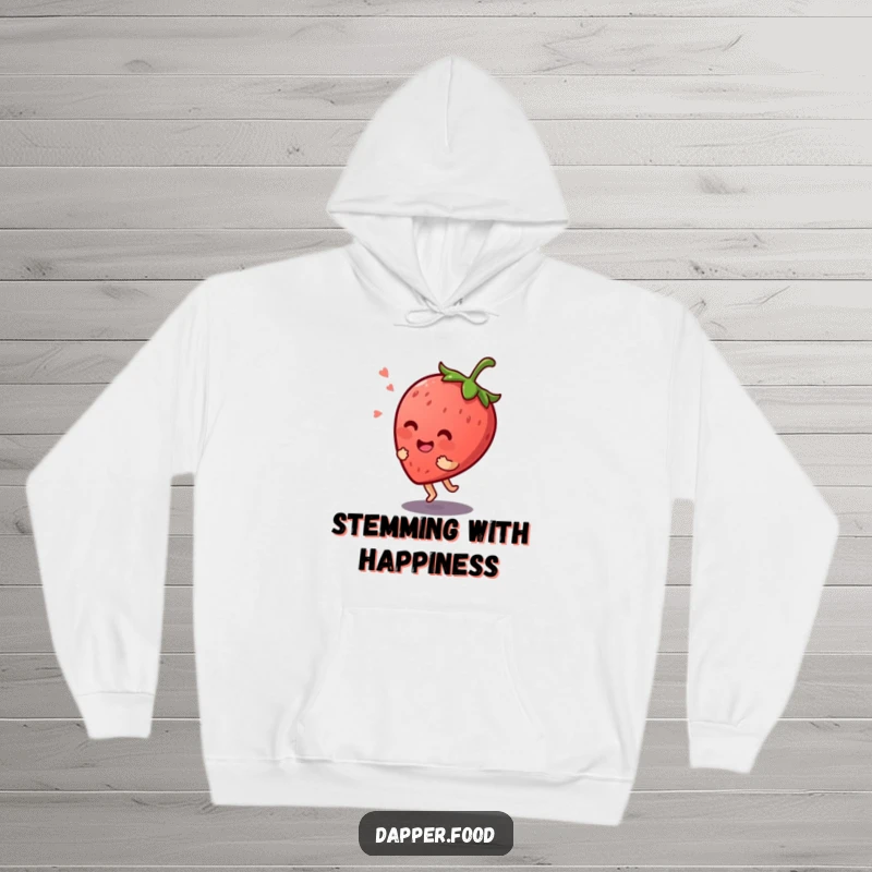 Funny Kawaii strawberry character giggling while bouncing on its stem, printed on a soft hoodie, ideal for cozy fun.