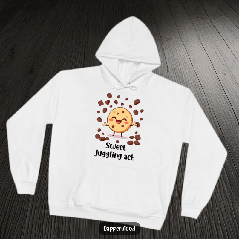 Funny hoodie print of a grinning cookie enthusiastically juggling chocolate chips, perfect for cozy baking sessions.