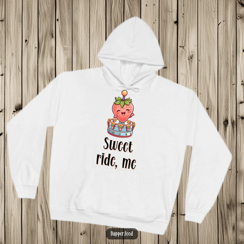 Funny Hoodie featuring a delighted strawberry character winking, joyfully spinning on a miniature merry-go-round.