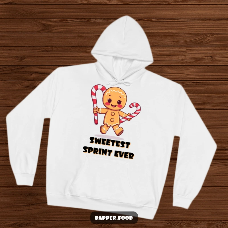 Funny hoodie depicting a delighted gingerbread man character in mid-stride, carrying a massive candy cane, radiating warmth and holiday mirth.